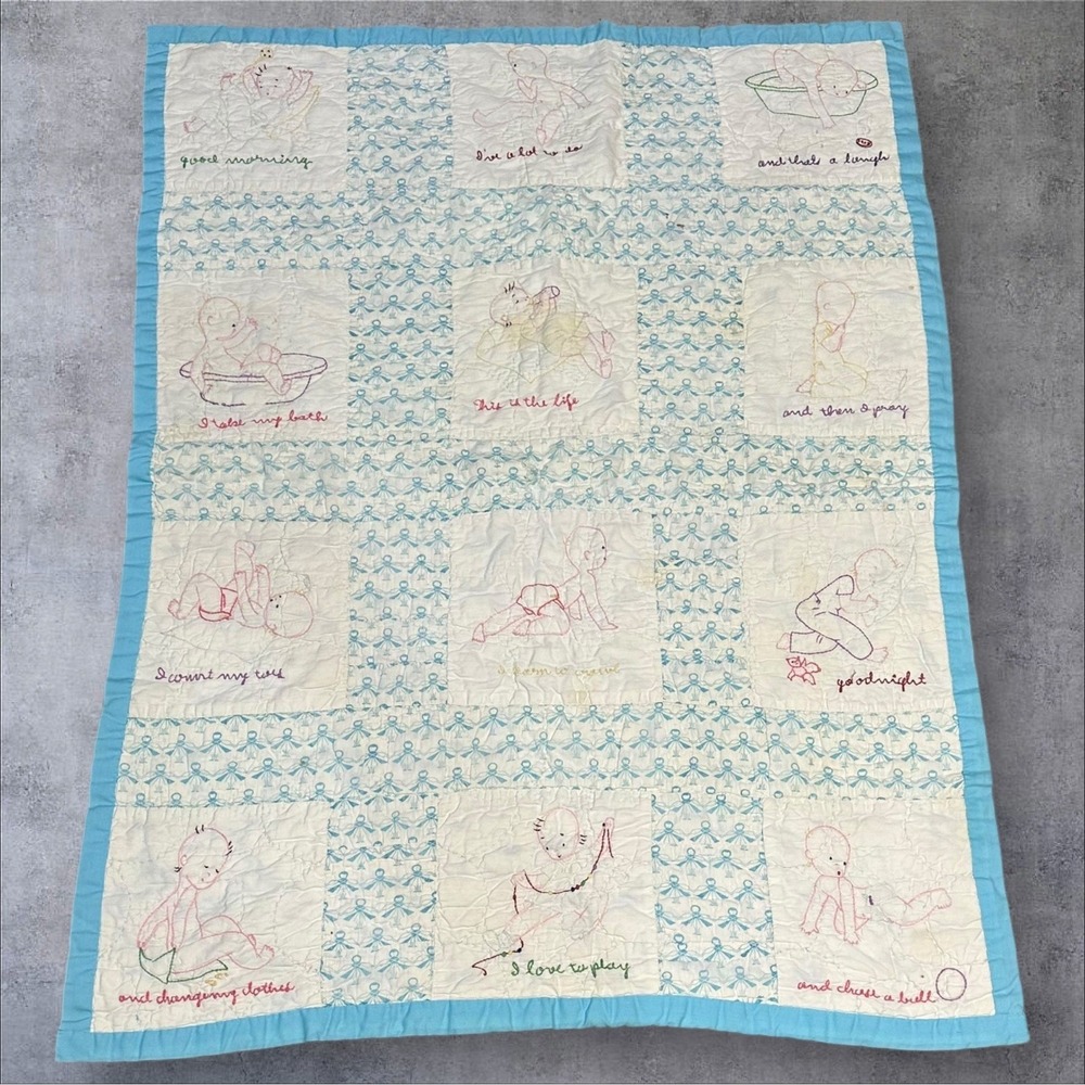 Homemade Baby Quilt Infant 39x28 Blue Vintage Hand Embroidered Patchwork